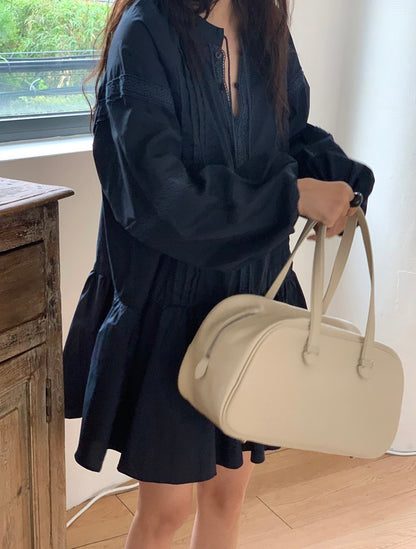 立領拼接蕾絲荷葉邊連身裙