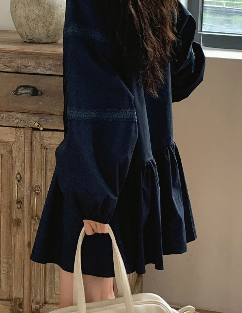 立領拼接蕾絲荷葉邊連身裙