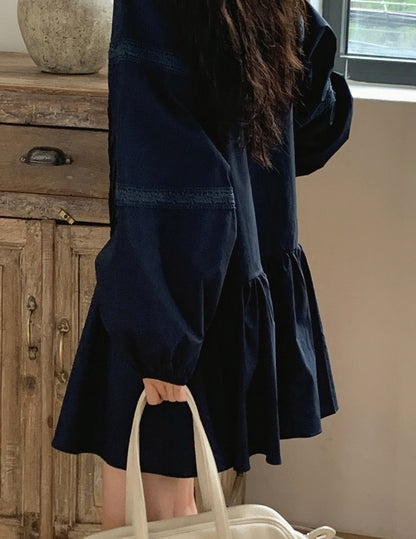 立領拼接蕾絲荷葉邊連身裙