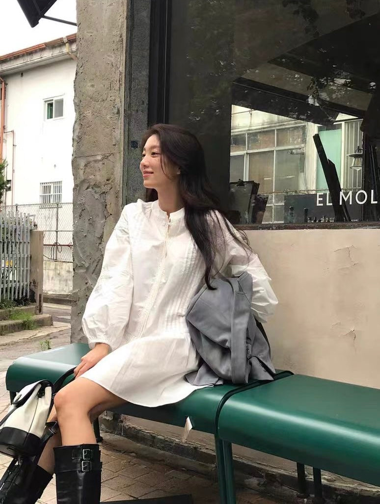 立領拼接蕾絲荷葉邊連身裙