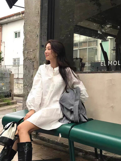 立領拼接蕾絲荷葉邊連身裙