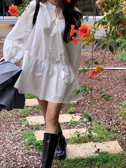 立領拼接蕾絲荷葉邊連身裙
