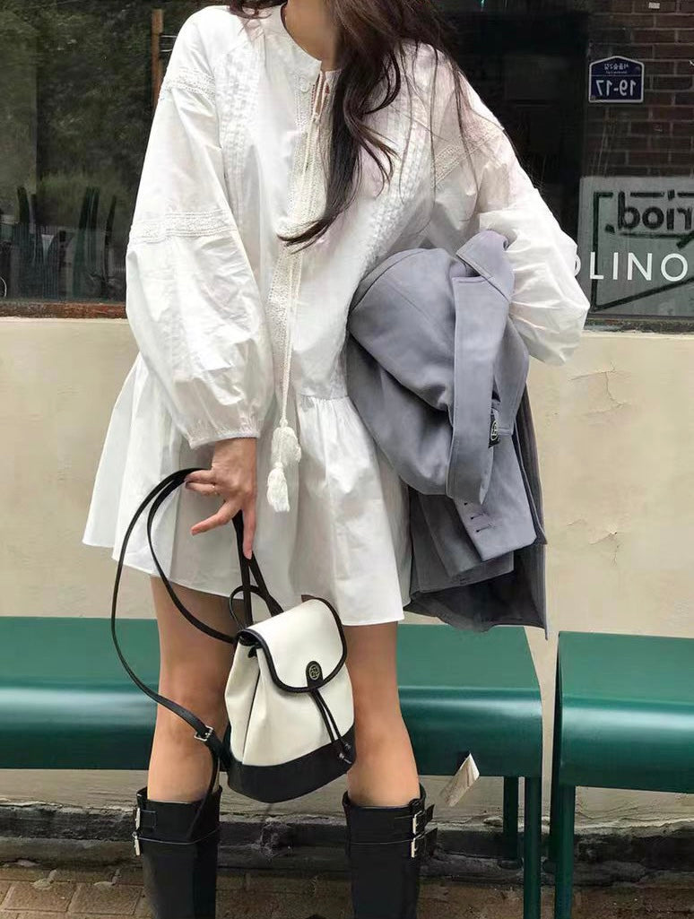 立領拼接蕾絲荷葉邊連身裙