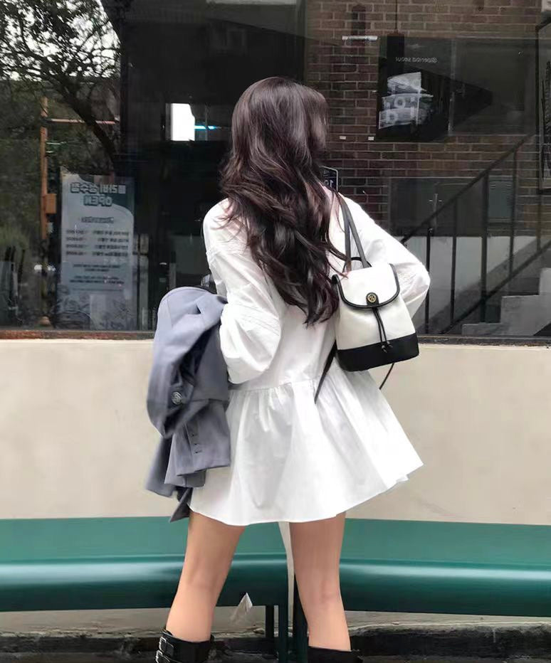 立領拼接蕾絲荷葉邊連身裙