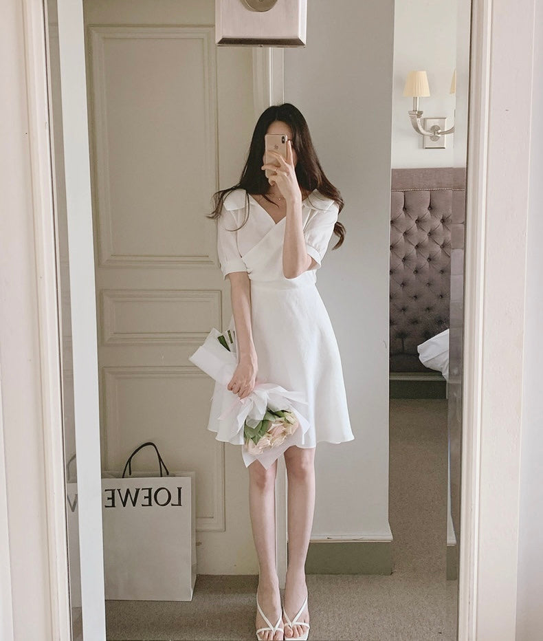 翻領收腰A字連身裙