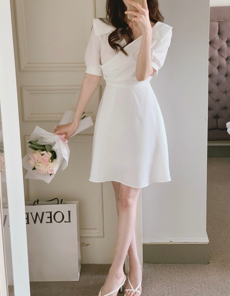 翻領收腰A字連身裙