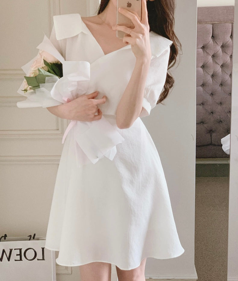 翻領收腰A字連身裙