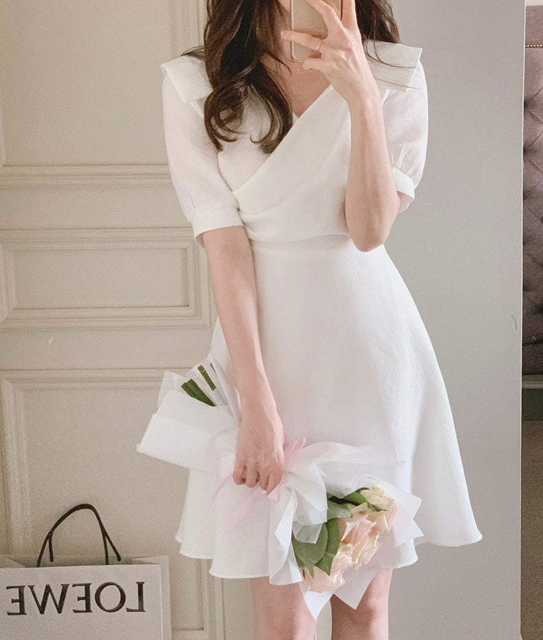 翻領收腰A字連身裙