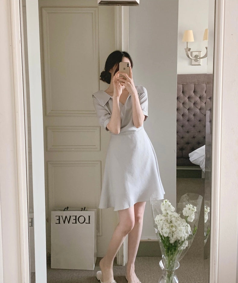 翻領收腰A字連身裙