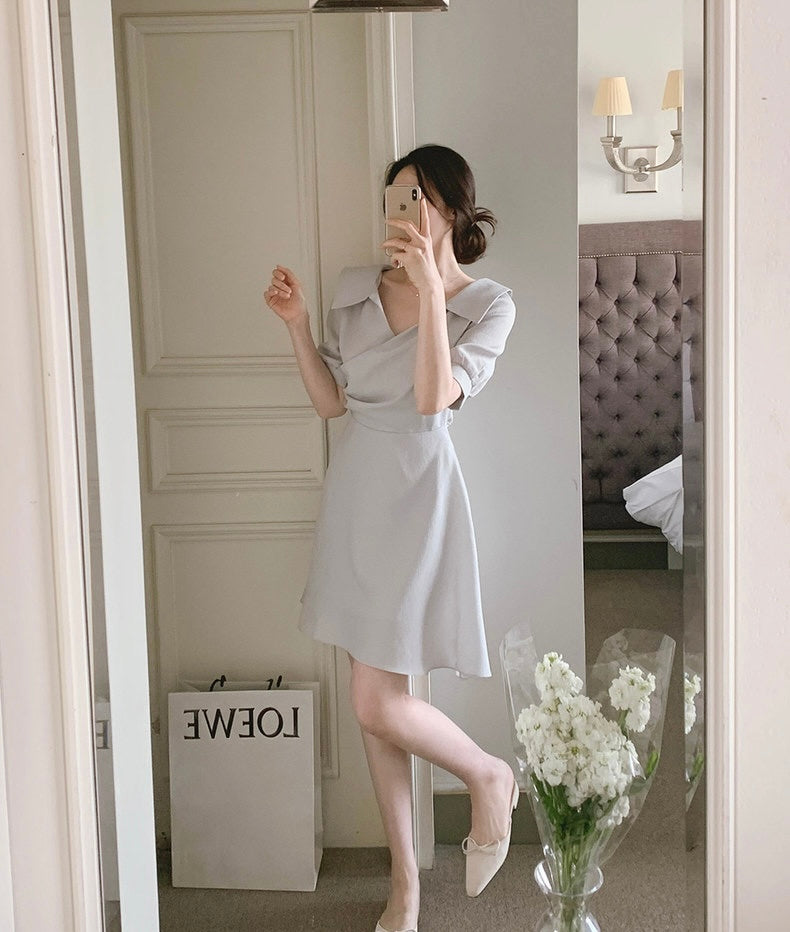 翻領收腰A字連身裙