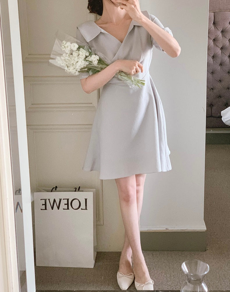 翻領收腰A字連身裙