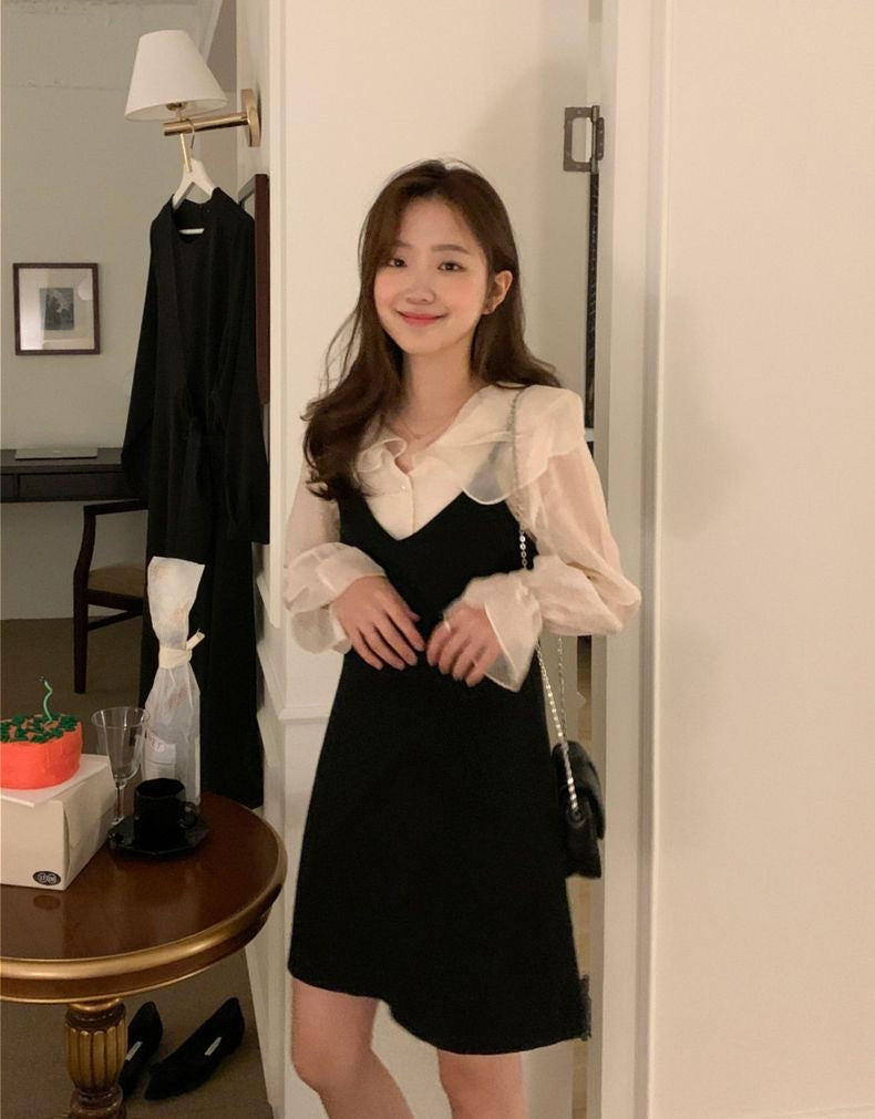 娃娃領泡泡袖恤衫+V領吊帶裙set