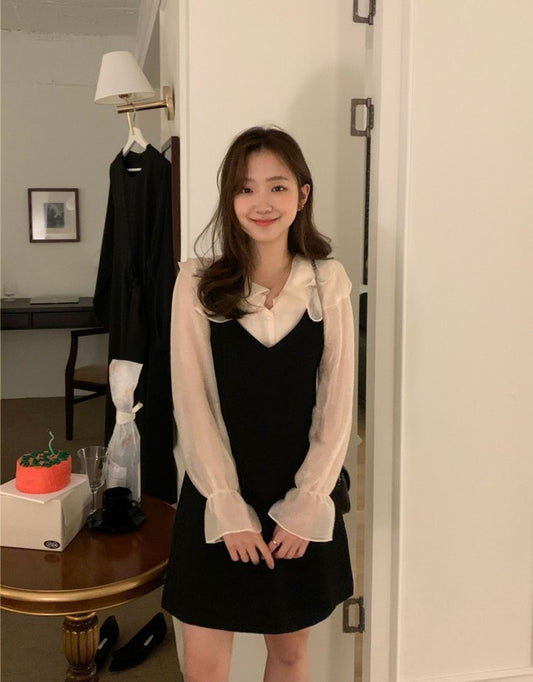 Doll Collar Puff Sleeve Blouse + V-Neck Slip Dress Set