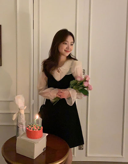 娃娃領泡泡袖恤衫+V領吊帶裙set