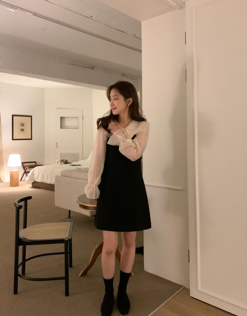 娃娃領泡泡袖恤衫+V領吊帶裙set