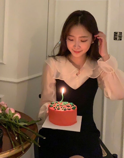 娃娃領泡泡袖恤衫+V領吊帶裙set