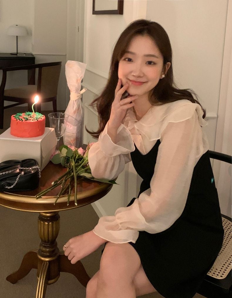 娃娃領泡泡袖恤衫+V領吊帶裙set