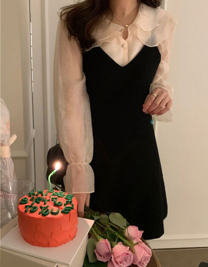 娃娃領泡泡袖恤衫+V領吊帶裙set