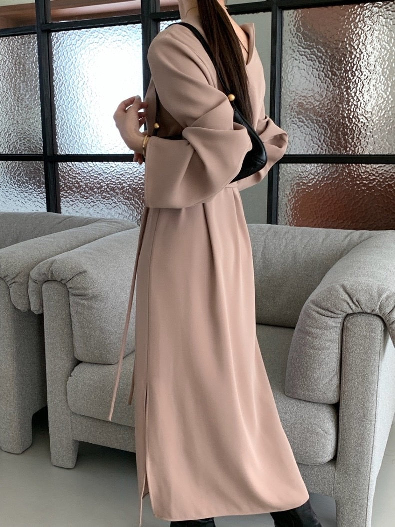 氣質V領系帶連身裙