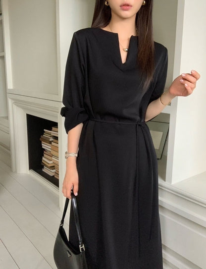 氣質V領系帶連身裙