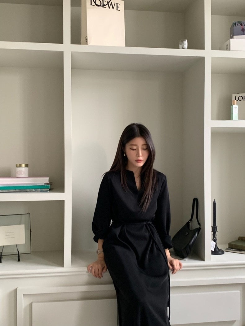 氣質V領系帶連身裙