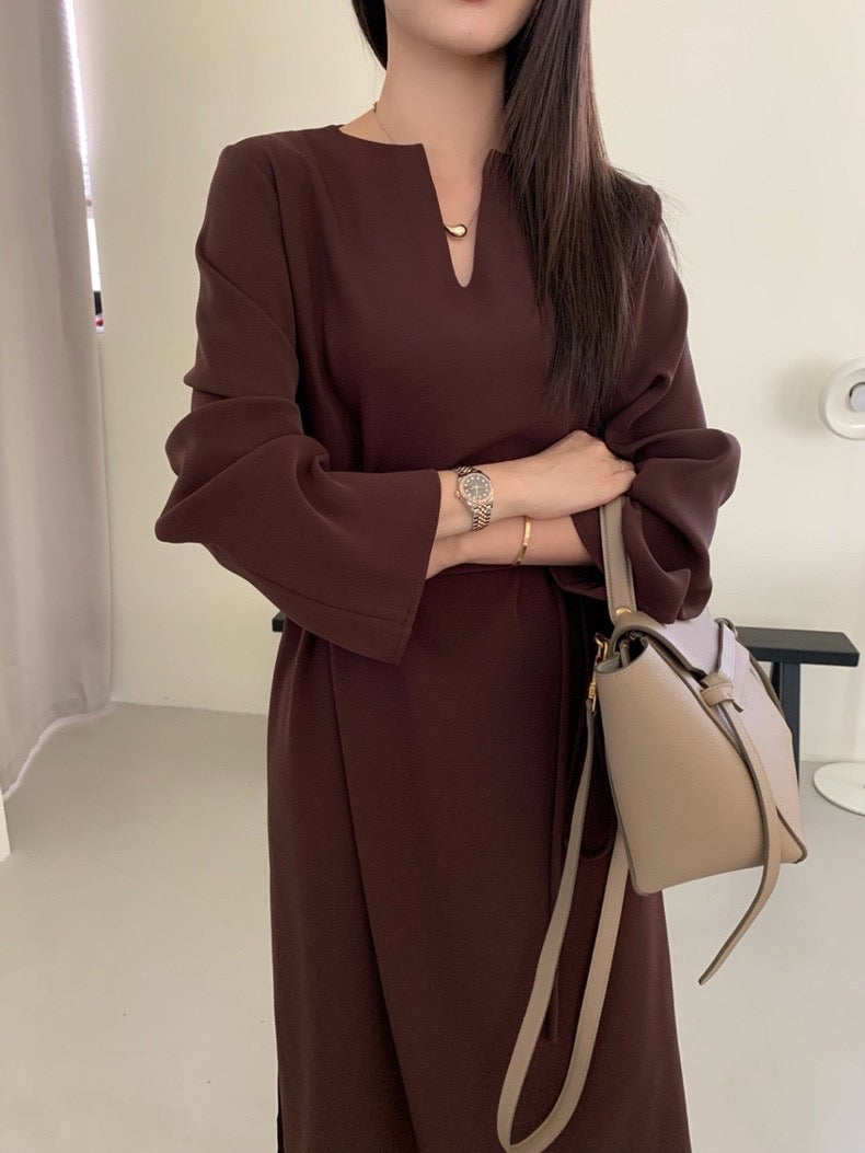 氣質V領系帶連身裙