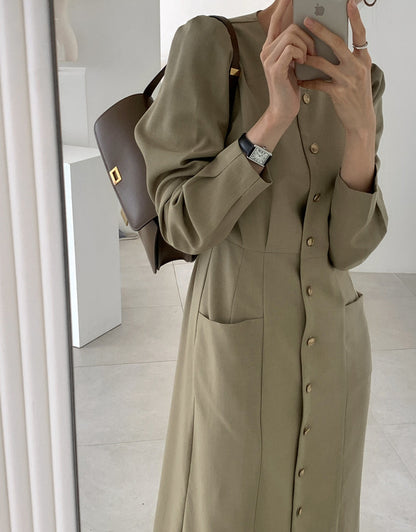 圓領壓褶修腰連身裙