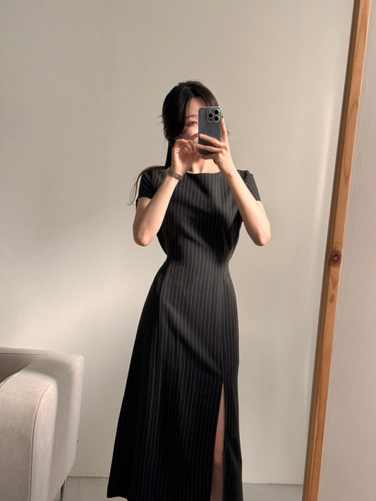 圓領條紋開衩連身裙