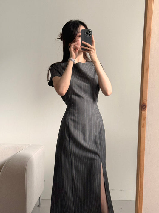 圓領條紋開衩連身裙