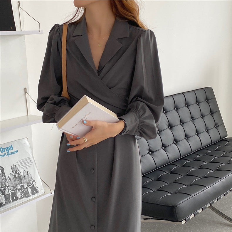 スーツ襟タイ結びツイストワンピース