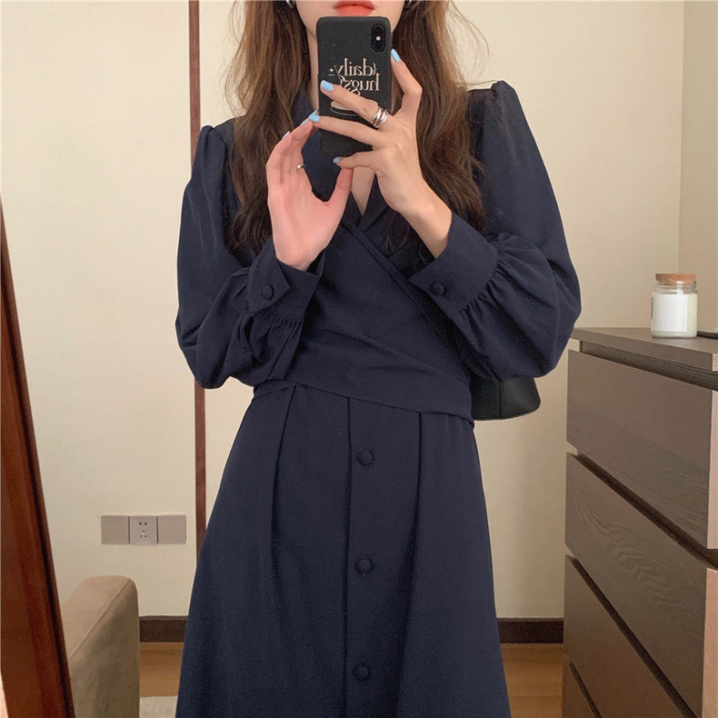 スーツ襟タイ結びツイストワンピース