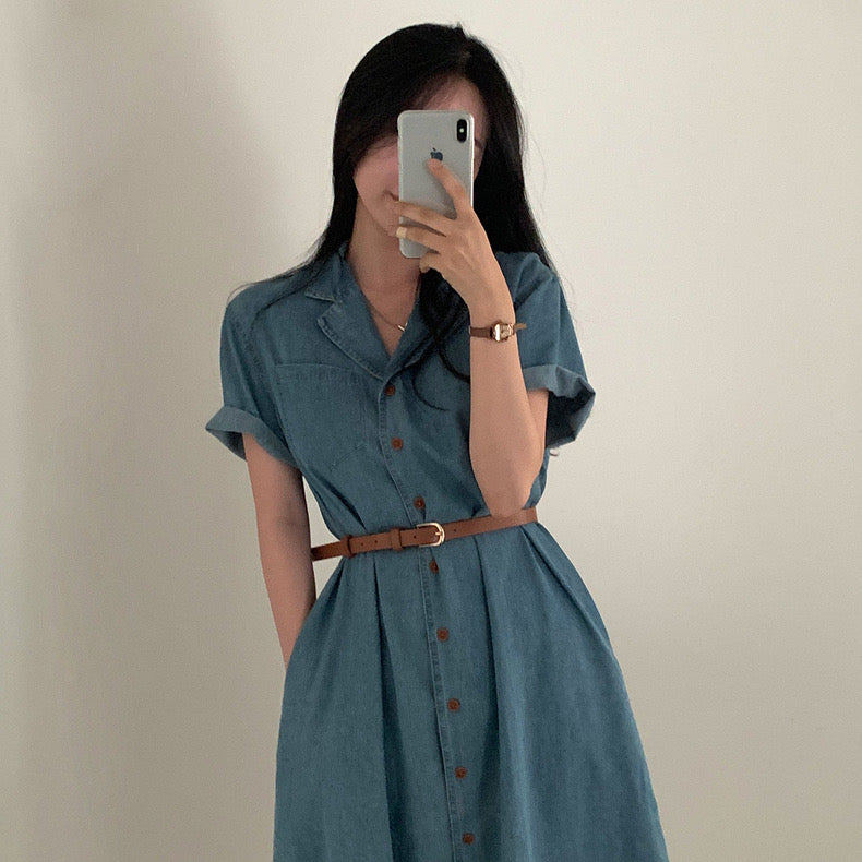 西裝領收腰牛仔連身裙