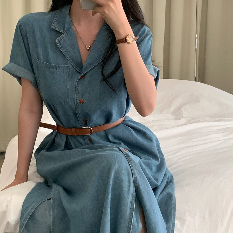 西裝領收腰牛仔連身裙