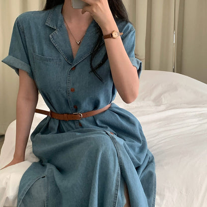 西裝領收腰牛仔連身裙