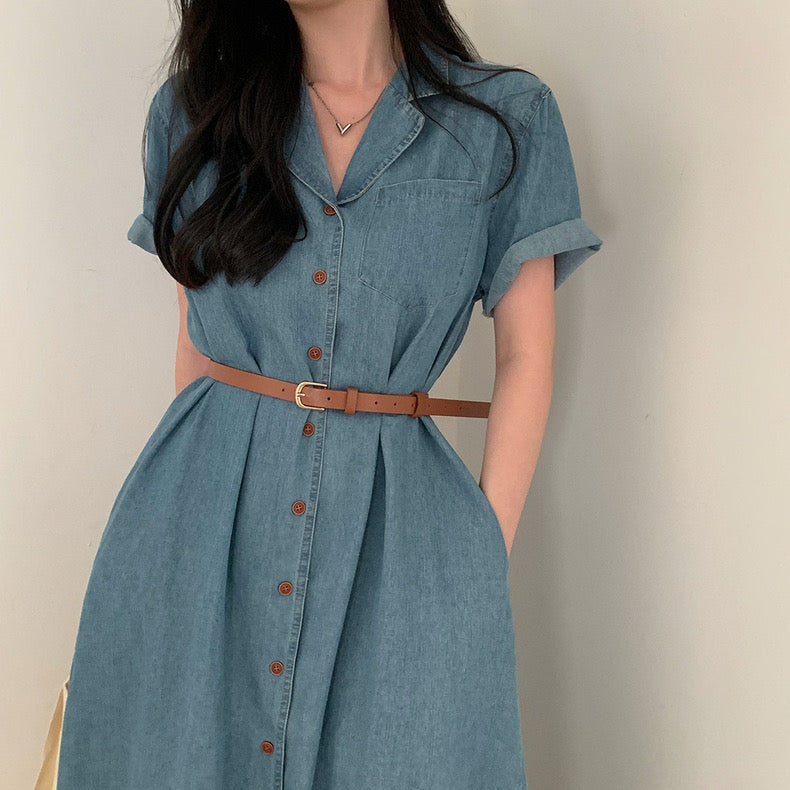 西裝領收腰牛仔連身裙