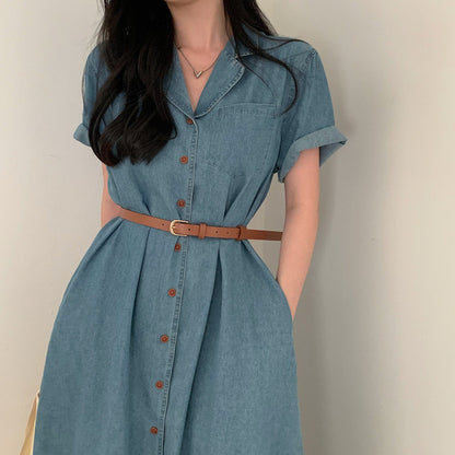 西裝領收腰牛仔連身裙