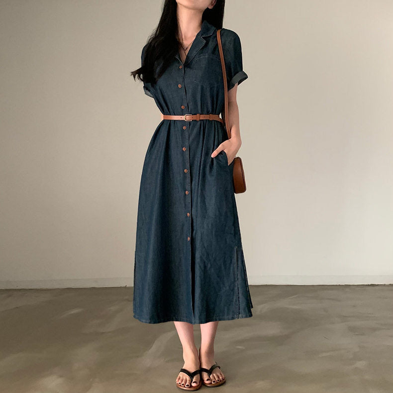 西裝領收腰牛仔連身裙