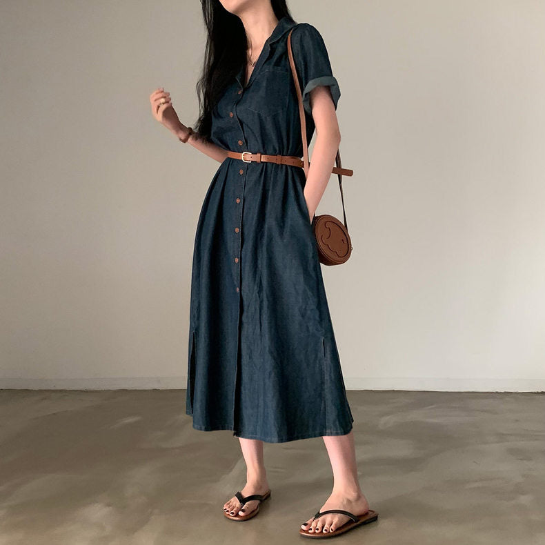 西裝領收腰牛仔連身裙