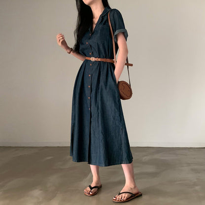 西裝領收腰牛仔連身裙