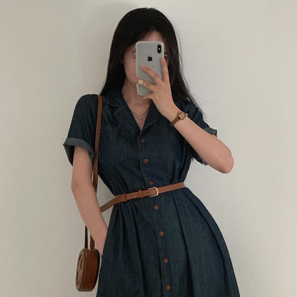 西裝領收腰牛仔連身裙