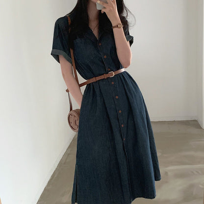 西裝領收腰牛仔連身裙