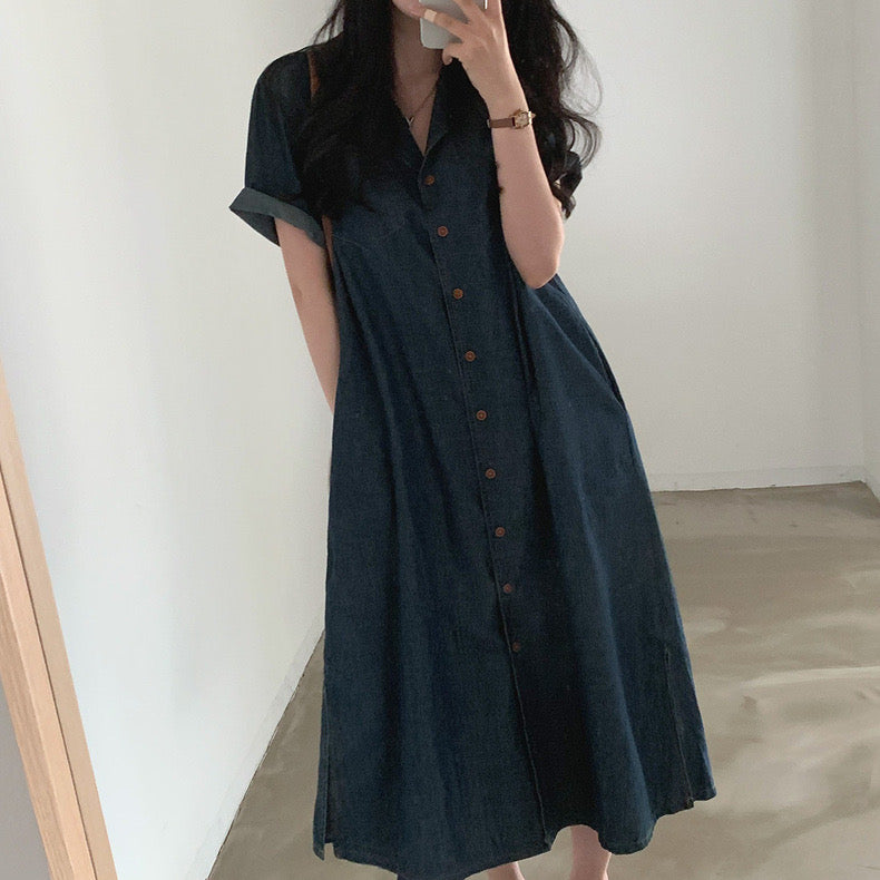 西裝領收腰牛仔連身裙