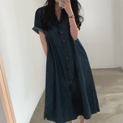 西裝領收腰牛仔連身裙