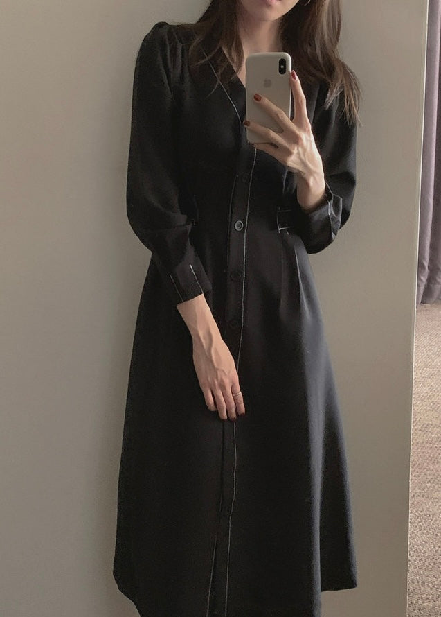 V領單排扣明顯收腰連身裙