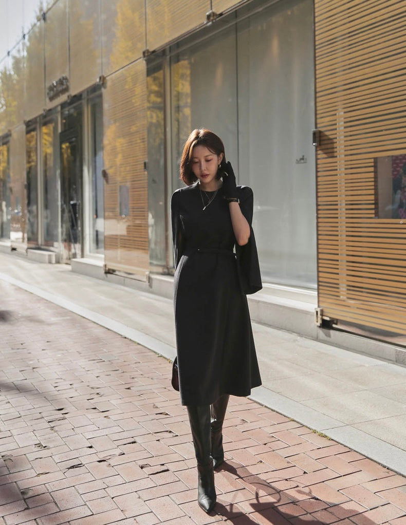 法式斗篷毛呢連身裙