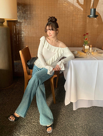 Off-shoulder Ruffle Flare Sleeve Blouse