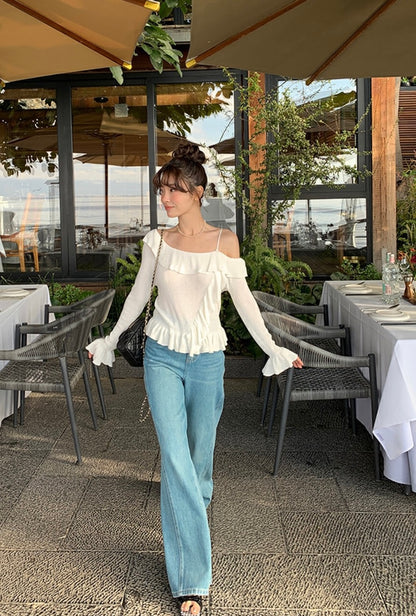 Off-shoulder Ruffle Flare Sleeve Blouse