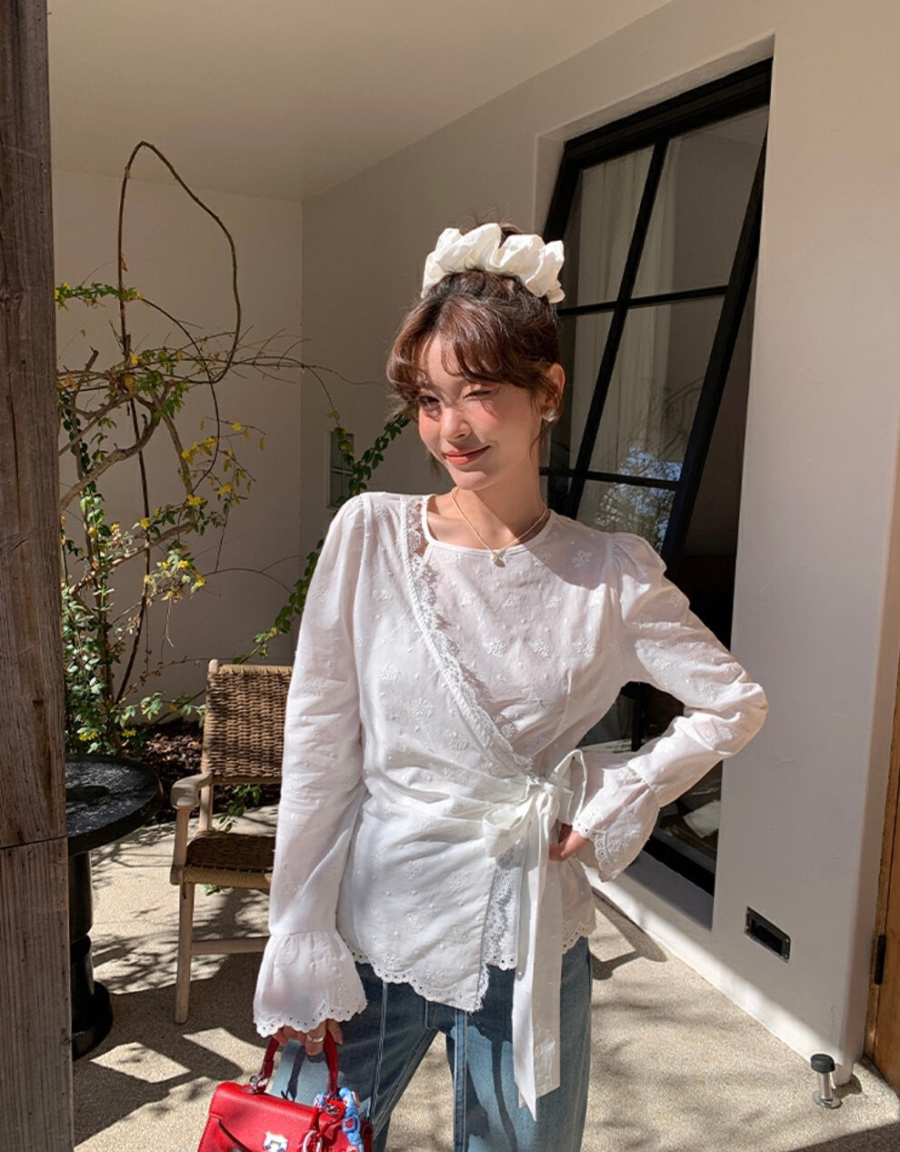 Intricate Lace Trim Cross-Tie Blouse