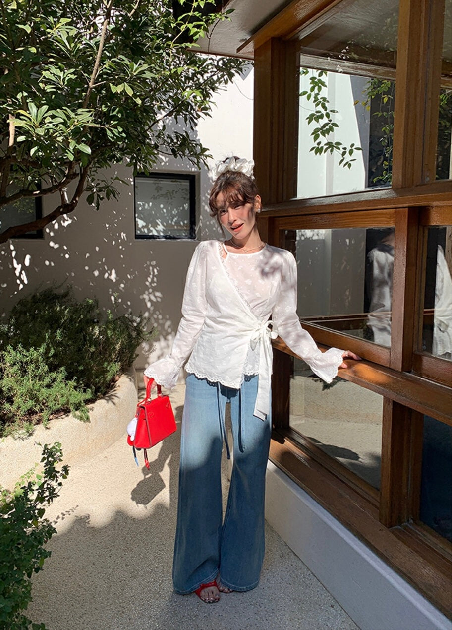 Intricate Lace Trim Cross-Tie Blouse