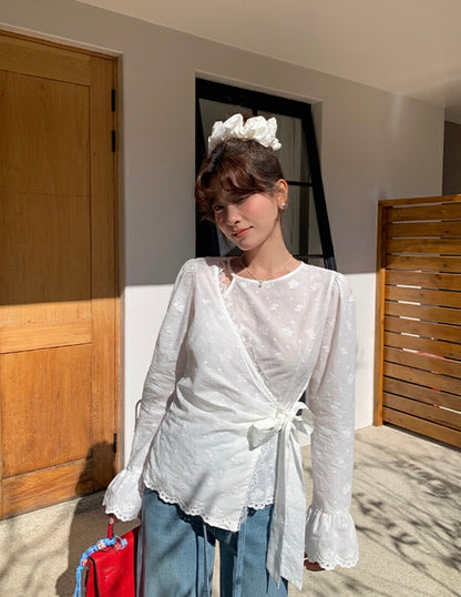 Intricate Lace Trim Cross-Tie Blouse
